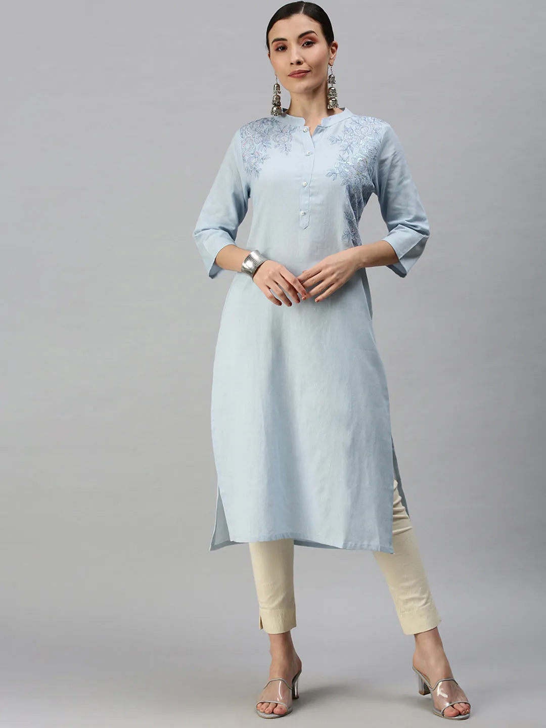 Women Mandarin Collar Solid Blue Straight Kurta