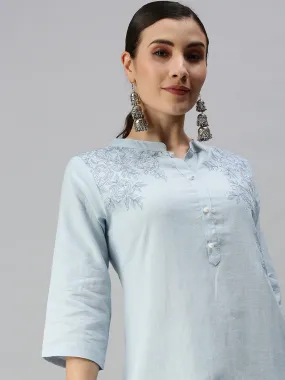 Women Mandarin Collar Solid Blue Straight Kurta