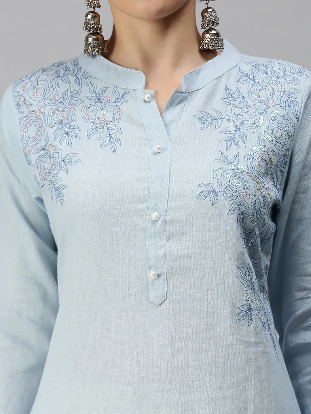 Women Mandarin Collar Solid Blue Straight Kurta