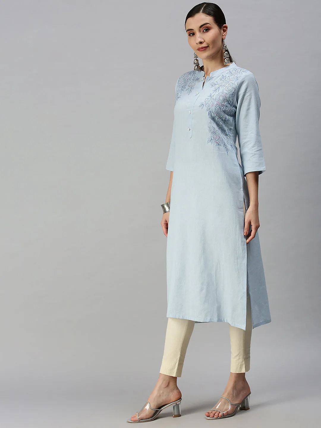 Women Mandarin Collar Solid Blue Straight Kurta