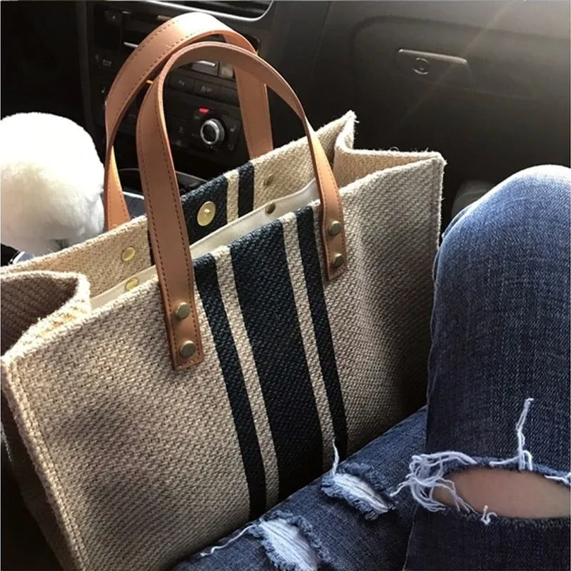 Women's Large Capacity Tote Handbag Vintage Striped Print On Canvas Leather Handles